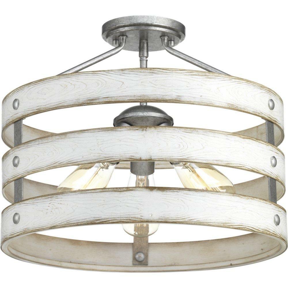 13-1/2 In. 225W 1-Light Incandescent Semi-Flush Mount Or Convertible Ceiling Fixture With Antique White Glass In Galvanized Ceiling Lighting Galvanized