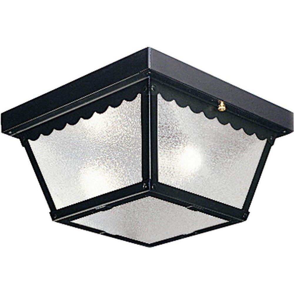 60 W 2-Light Medium Outdoor Flush Mount Ceiling In Black With Textured Glass Outdoor Ceiling Lighting Black