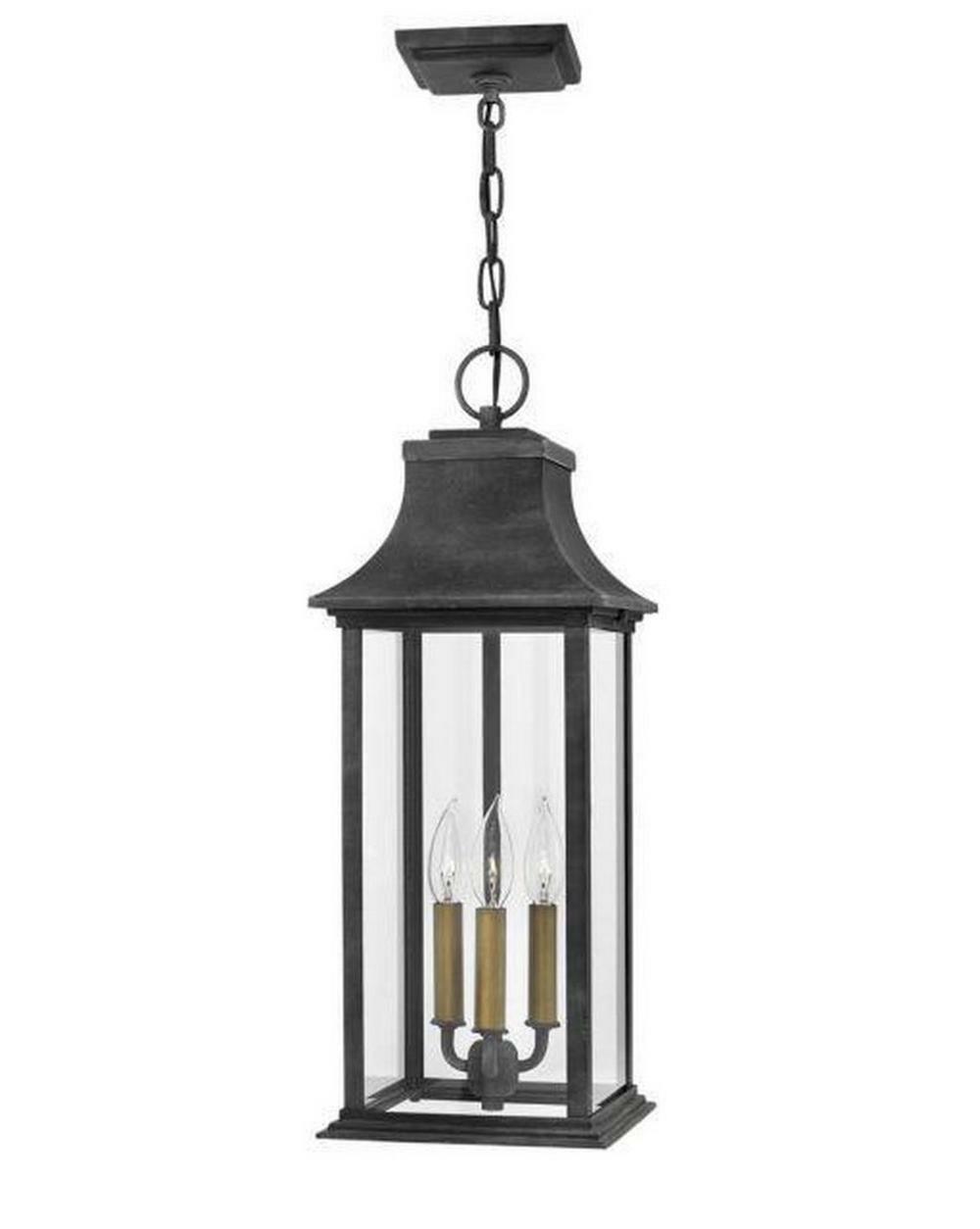 60W 3-Light Candelabra E-12 Incandescent Large Outdoor Pendant In Aged Zinc Outdoor Lighting Aged Zinc