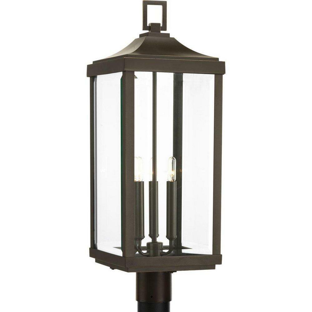 60W 3-Light Candelabra E-12 Incandescent Post Mount Lantern In Antique Bronze Outdoor Lighting Antique Bronze