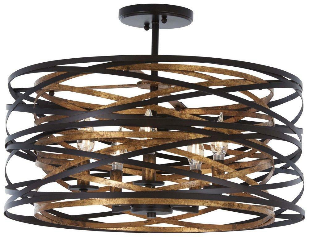 60W 5-Light Candelabra E-12 Semi-Flush Mount Ceiling Fixture In Dark Bronze With Mosaic Gold Ceiling Lighting Dark Bronze/Mosaic Gold